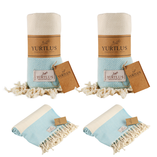 |Pack of 2| YURTLU'S TURKISH COTTON Golden Sands Series Beach Towel - Turquoise | 71 x 37 in 100% Cotton