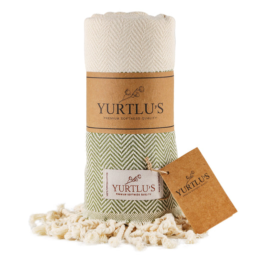 YURTLU'S TURKISH COTTON Golden Sands Series Beach Towel - Olive Green | 71 x 37 in 100% Cotton