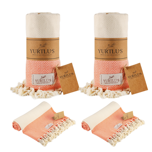 |Pack of 2| YURTLU'S TURKISH COTTON Golden Sands Series Beach Towel - Orange | 71 x 37 in 100% Cotton