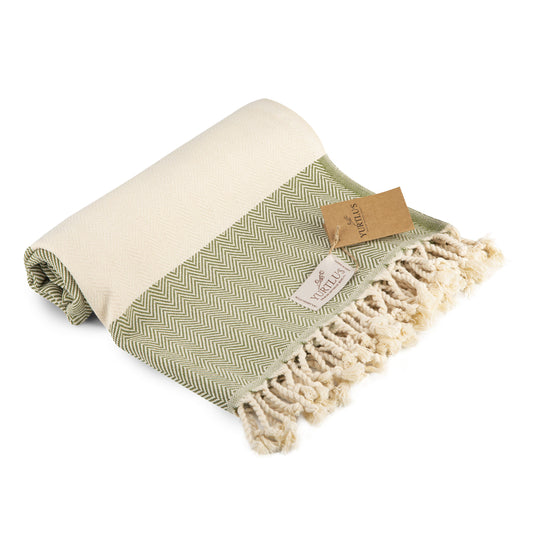 YURTLU'S TURKISH COTTON Golden Sands Series Beach Towel - Olive Green | 71 x 37 in 100% Cotton