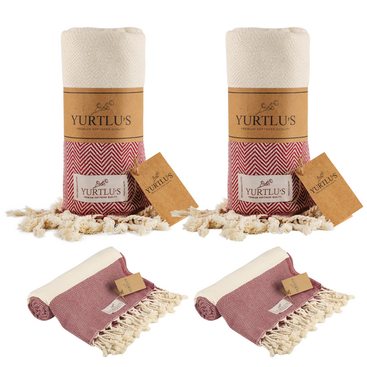 |Pack of 2| YURTLU'S TURKISH COTTON Golden Sands Series Beach Towel - Red | 71 x 37 in 100% Cotton