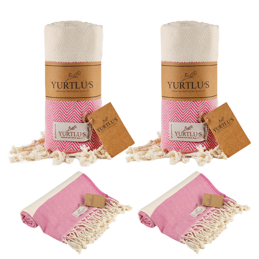 |Pack of 2| YURTLU'S TURKISH COTTON Golden Sands Series Beach Towel - Fushia | 71 x 37 in 100% Cotton