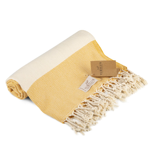 YURTLU'S TURKISH COTTON Golden Sands Series Beach Towel - Yellow | 71 x 37 in 100% Cotton